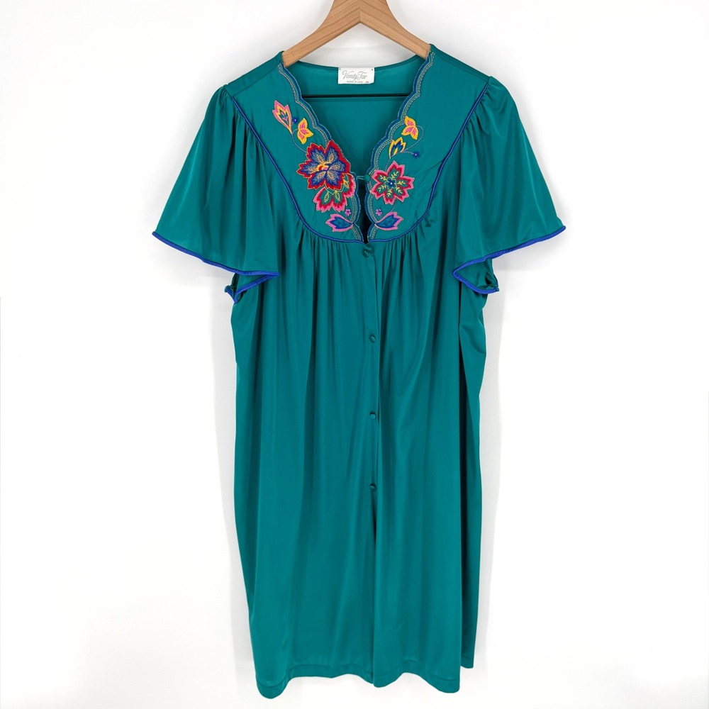 Vtg Vanity Fair XL Teal Floral Peignoir Set Made USA Antron Nylon Robe Gown EUC - Picture 8 of 13